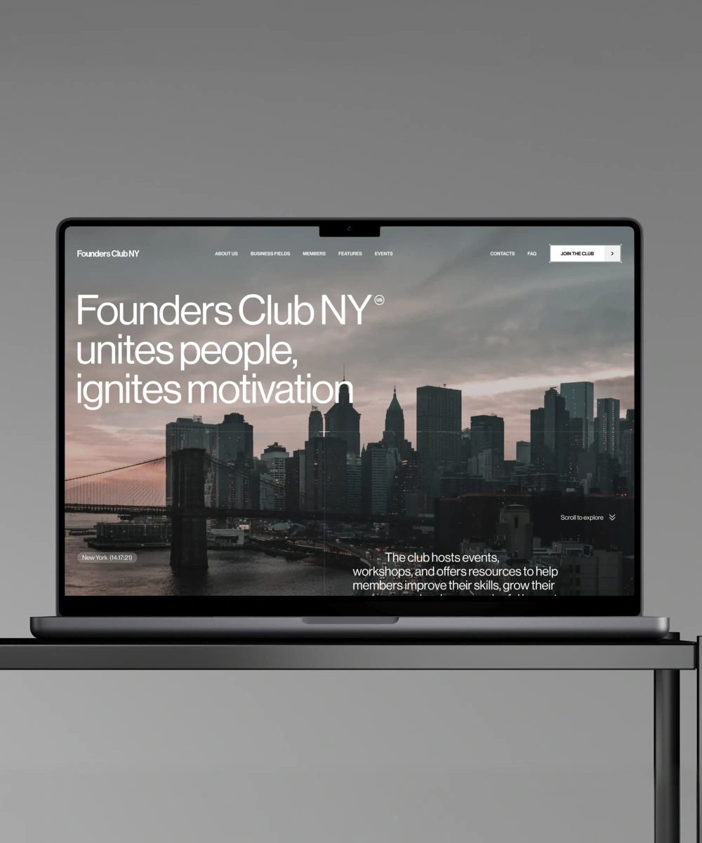 Founders Club NY landing page hero on a laptop, headline over a New York skyline with a Join the Club button.