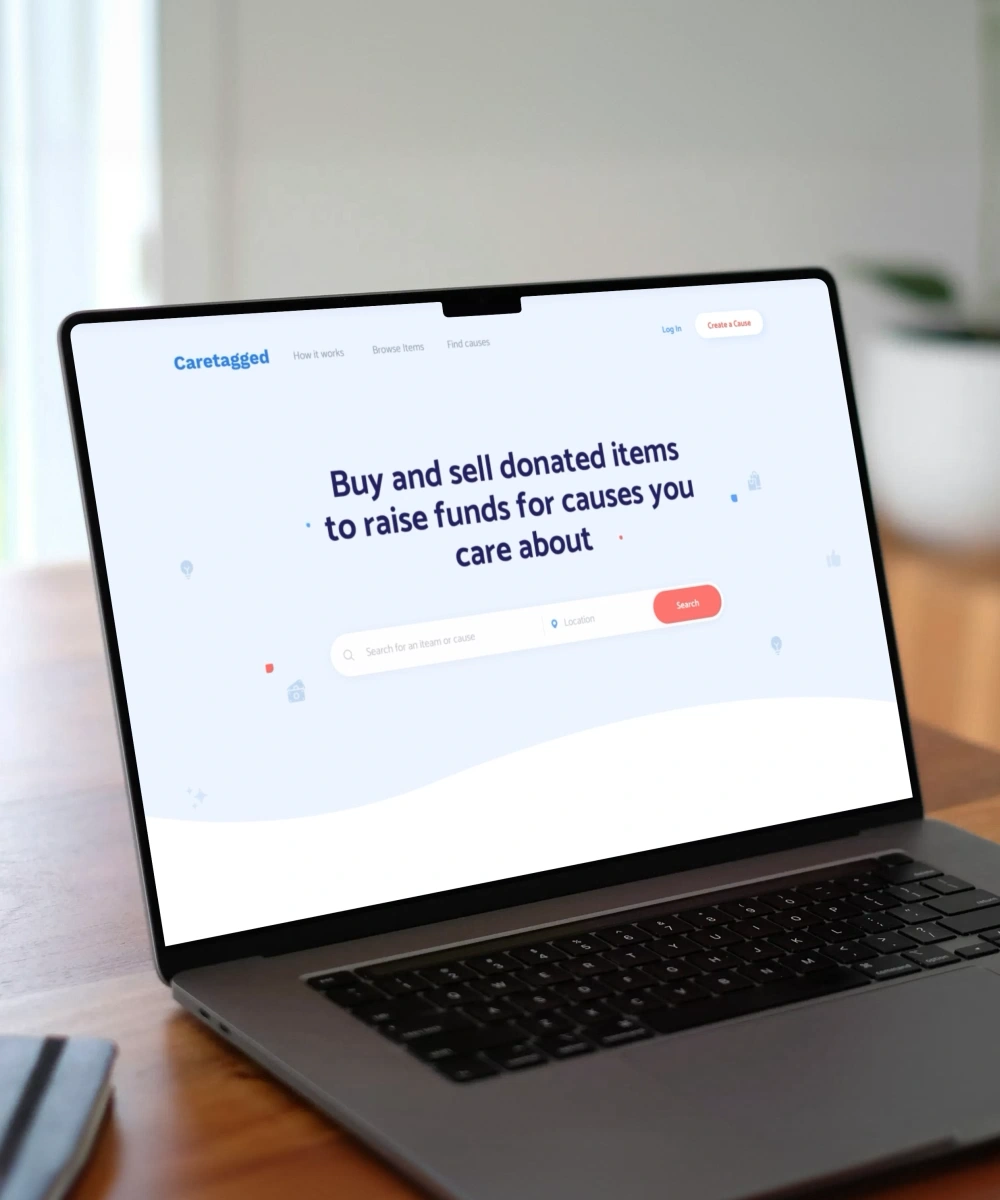 FunditOn homepage on a laptop, with the headline on buying and selling donated items to raise funds for a cause.