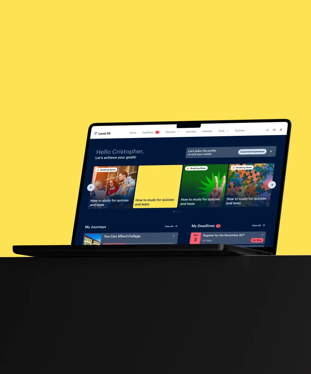Educational platform dashboard displayed on a laptop, featuring personalized learning journeys, study resources, deadline tracking, and career readiness tools for students.