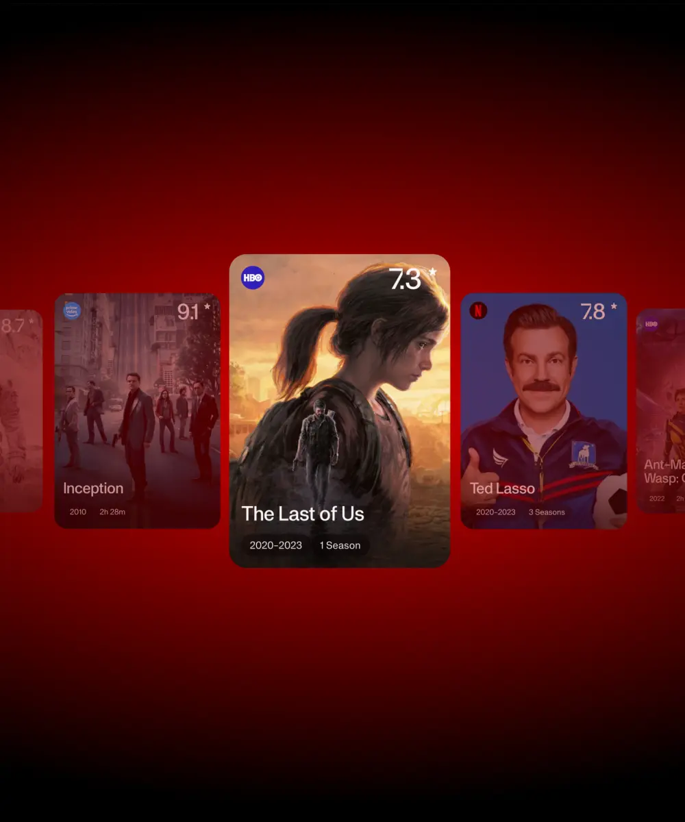 Overlapping media rating cards on a red background — Inception (9.1), The Last of Us (7.3) and Ted Lasso (7.8) — with the show poster centered.
