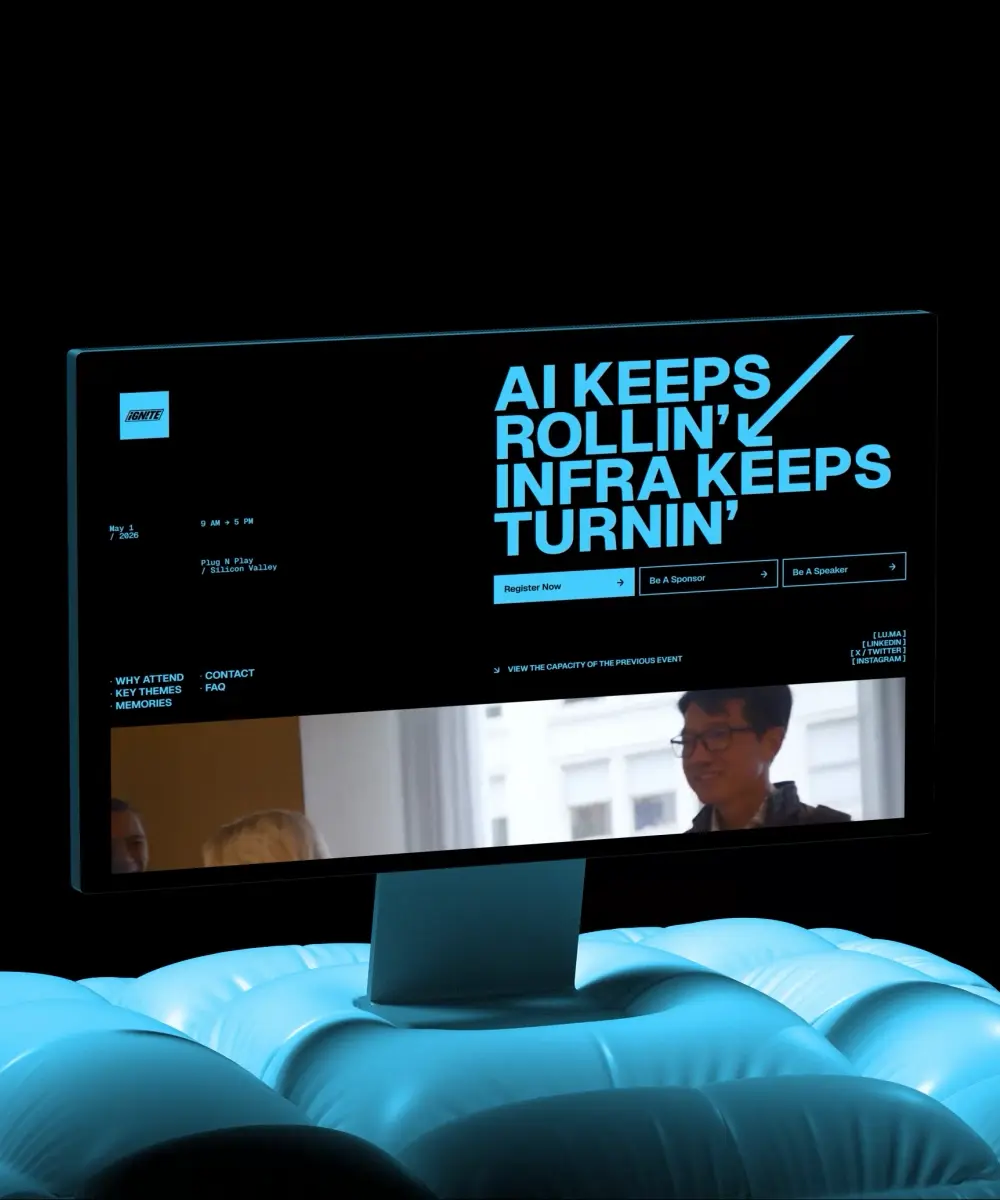 Desktop monitor mockup shows an AI infrastructure event website with bold blue typography, registration CTAs, event details, and a dark tech-focused visual style.