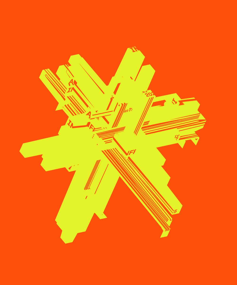Abstract AI Infra Summit graphic with oversized neon yellow geometric typography and line patterns layered over a bright orange background.