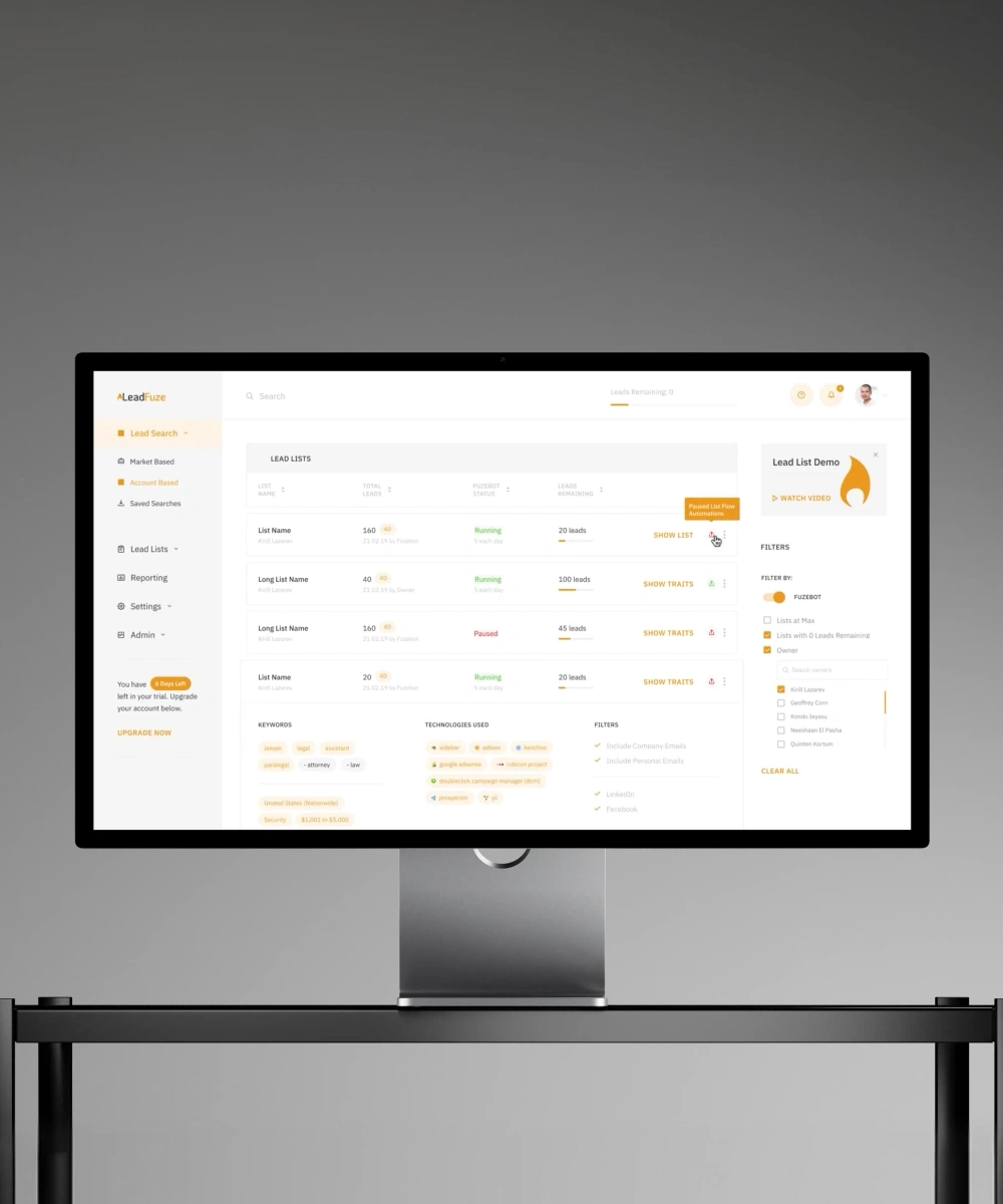 LeadFuze lead lists dashboard showing Fuzebot automation status, total leads, and leads remaining for each list.