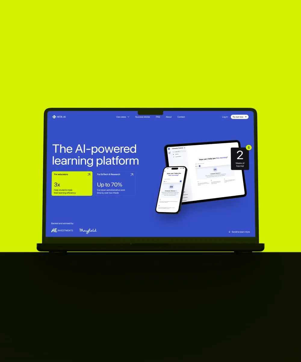 Hita AI laptop on a lime-green background showing a website homepage headlined "The AI-powered learning platform" with device mockups.