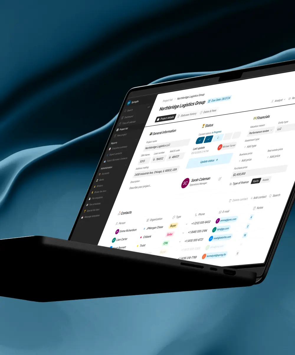 Commercial lending project management platform displayed on a laptop with project tracking, financial workflows, and contact management.