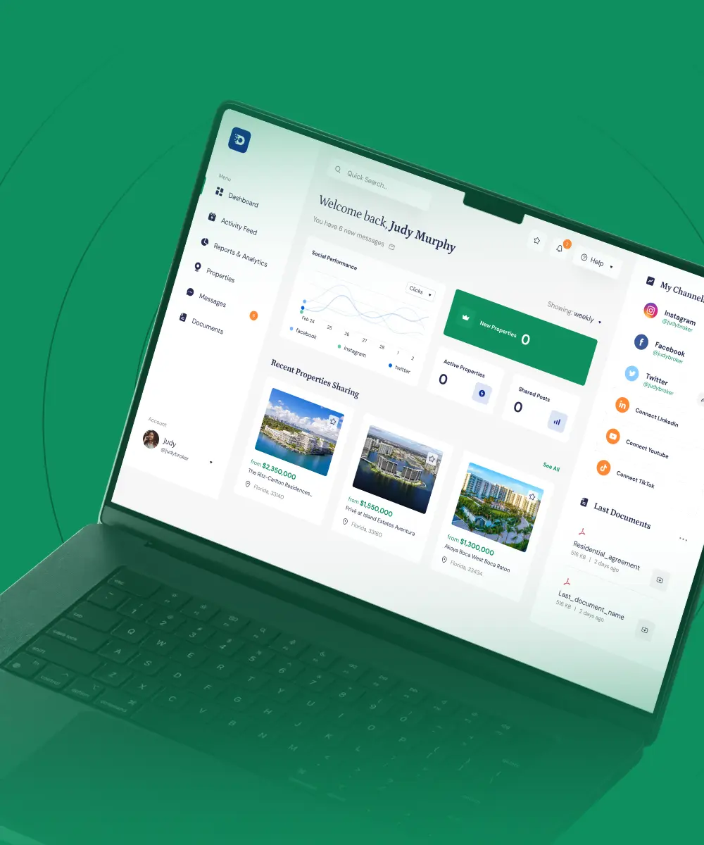 Laptop displaying a SaaS dashboard for property and social media management, featuring analytics, property listings, engagement metrics, document tracking, and multi-channel account management in a real estate workflow.