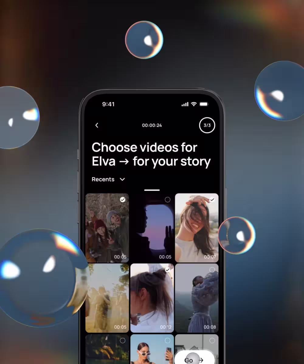 Elva's video picker screen surrounded by floating glass bubbles with chromatic aberration