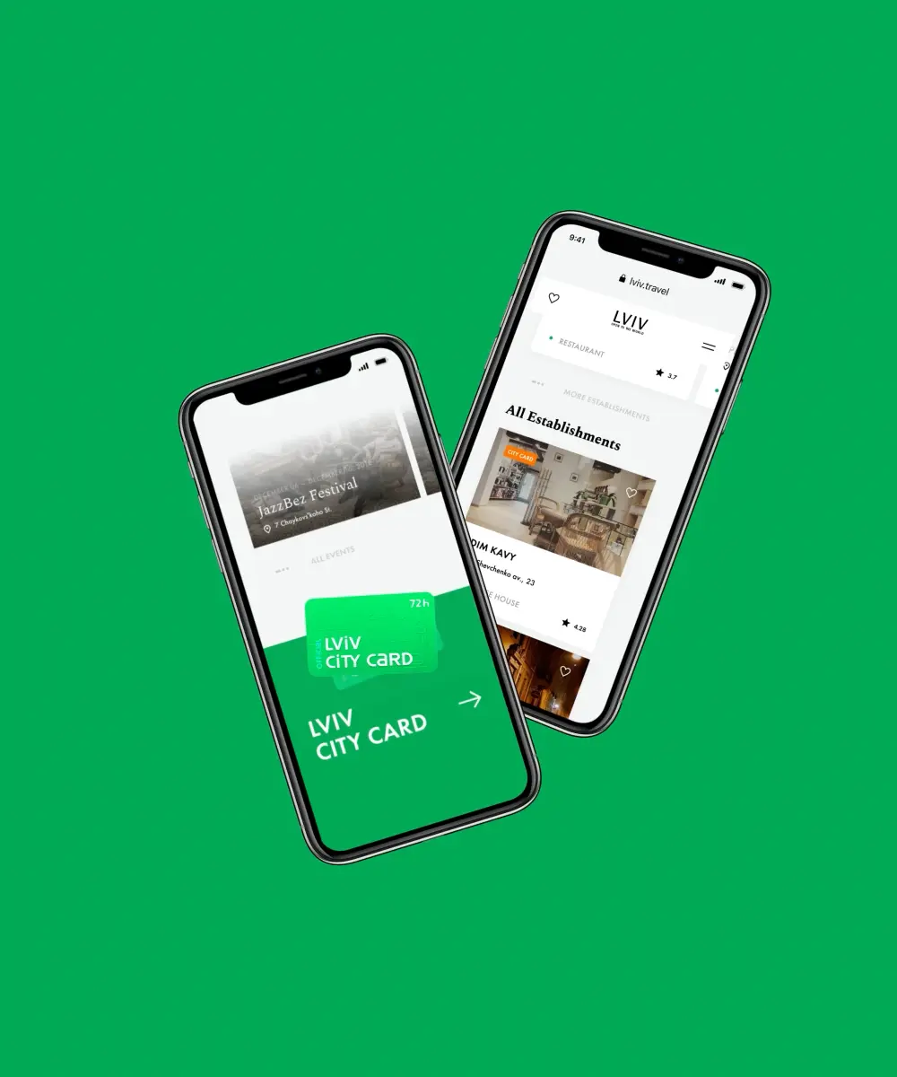 Two smartphones displaying the Lviv travel app with city events, restaurant discovery, and Lviv City Card features against a vibrant green background.