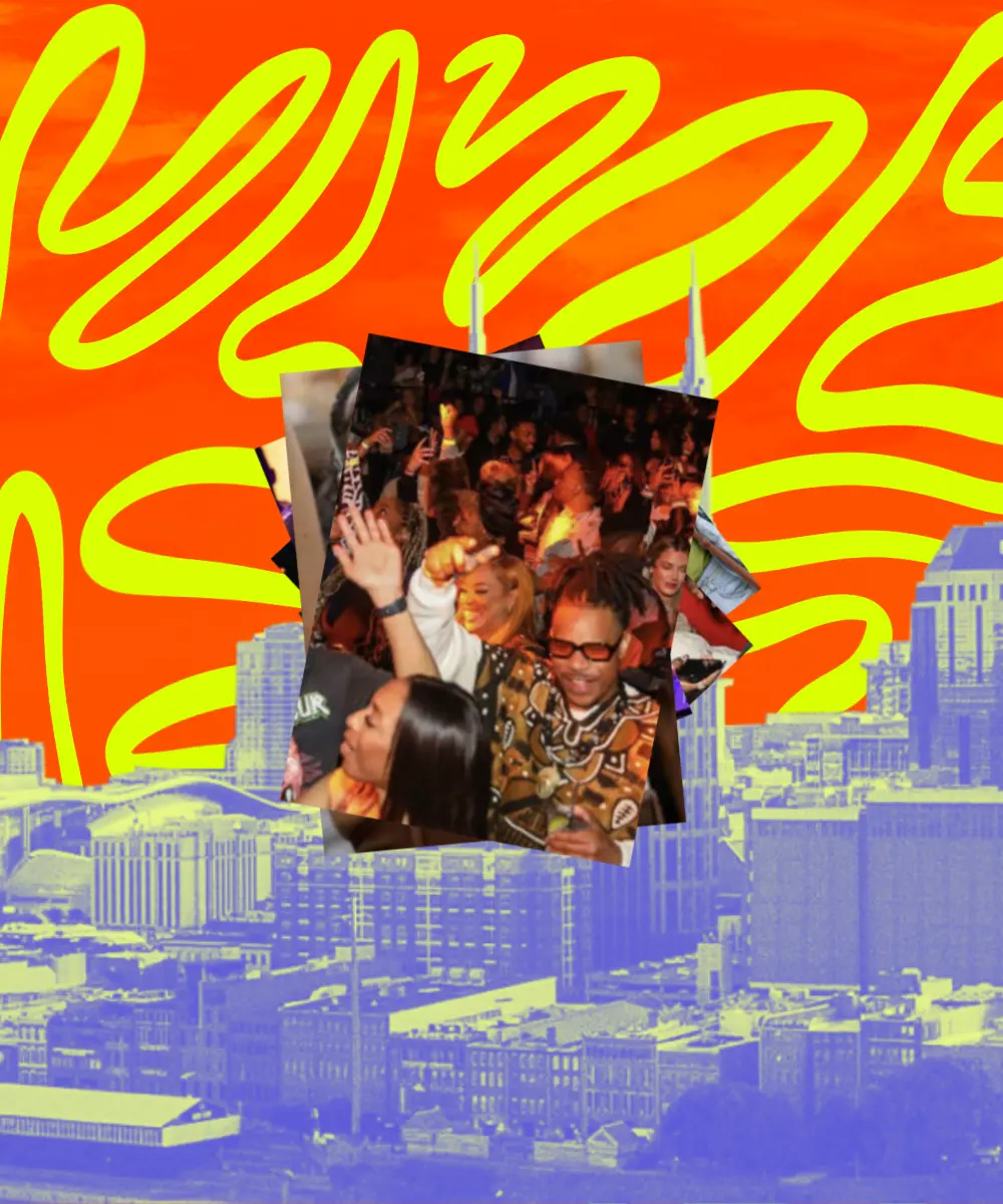 Vibrant promotional graphic featuring a city skyline, bold abstract neon patterns, and layered event photography of a crowded nightlife scene, capturing the energy, culture, and community atmosphere of an urban festival or entertainment event.