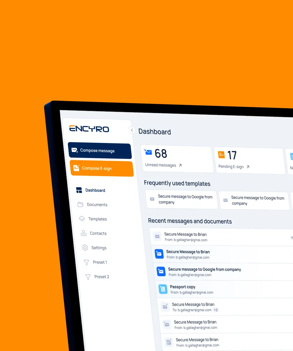 Encyro secure messaging platform dashboard displayed on a desktop interface, featuring encrypted messaging, electronic signature workflows, document management, and communication analytics for business users.