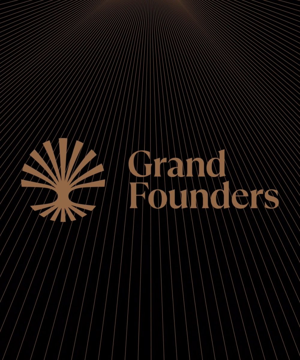 Grand Founders brand mark displayed on a black background with radiating geometric lines converging toward the center.