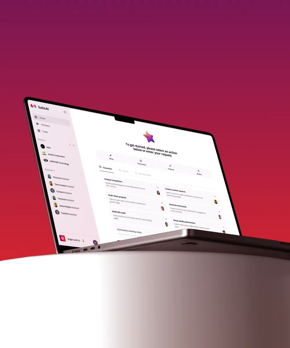 Laptop displaying the SuitsAI platform, an AI-powered productivity workspace designed for enterprise teams.