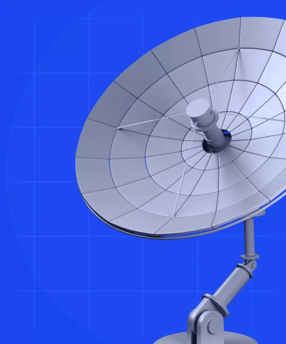 3D illustration of a satellite communication dish transmitting signals, representing secure data transfer, cloud connectivity, and enterprise communications.