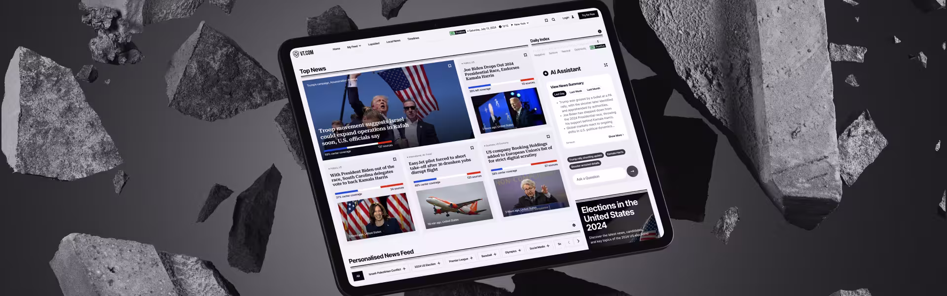 VT.com AI-powered news platform displayed on a tablet resting on grey rocks, showing the personalized top-news feed with bias indicators and an AI assistant panel — Lazarev.agency AI UX design work.
