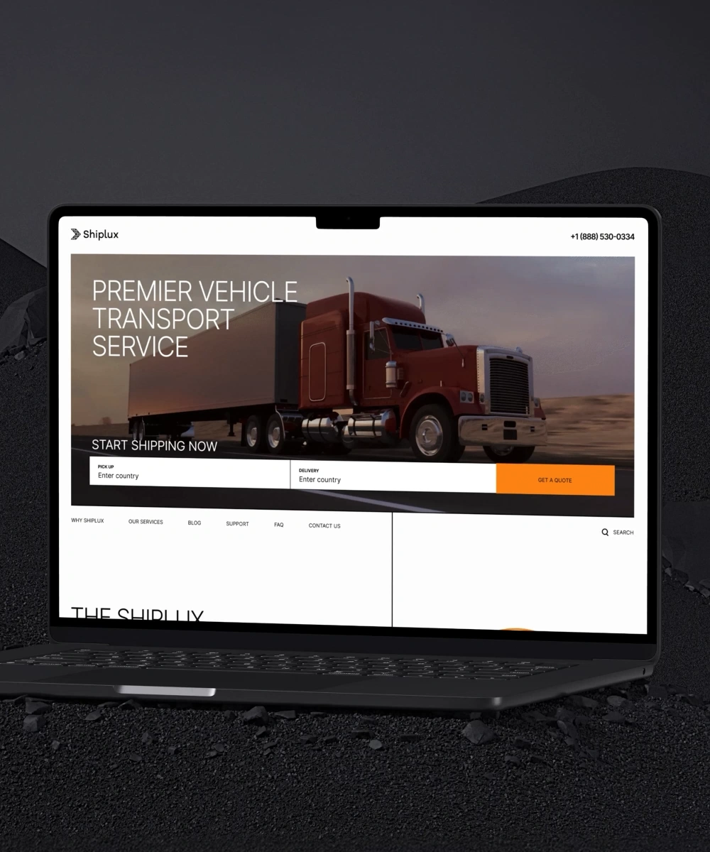 Shiplux homepage hero on a laptop, with a red long-haul truck, the headline "Premier Vehicle Transport Service," and a pickup-to-delivery quote bar with a Get a Quote button.