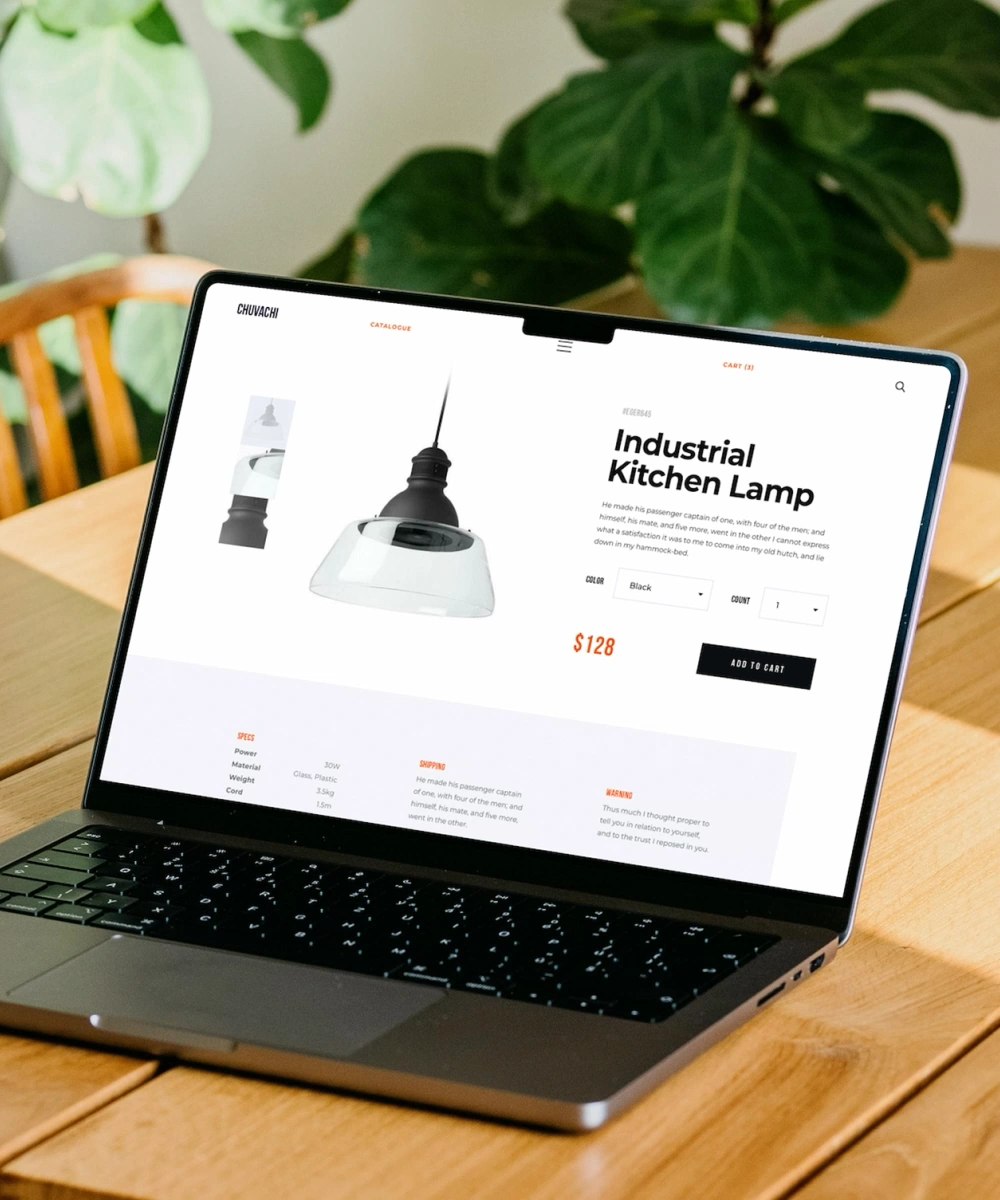 Chuvachi furniture e-commerce product page on a laptop, showing a pendant lamp with specifications and buying options.