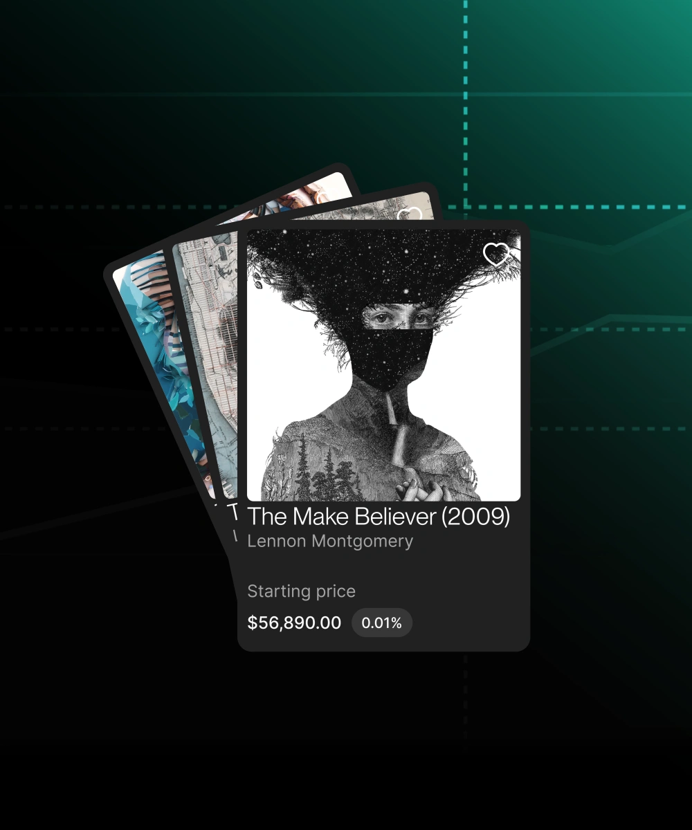 Horizontal cover image of fanned Aerie artwork cards floating over a dark teal grid scattered with small portrait thumbnails, the front card showing "The Make Believer (2009)" by Lennon Montgomery at a $56,890 starting price.