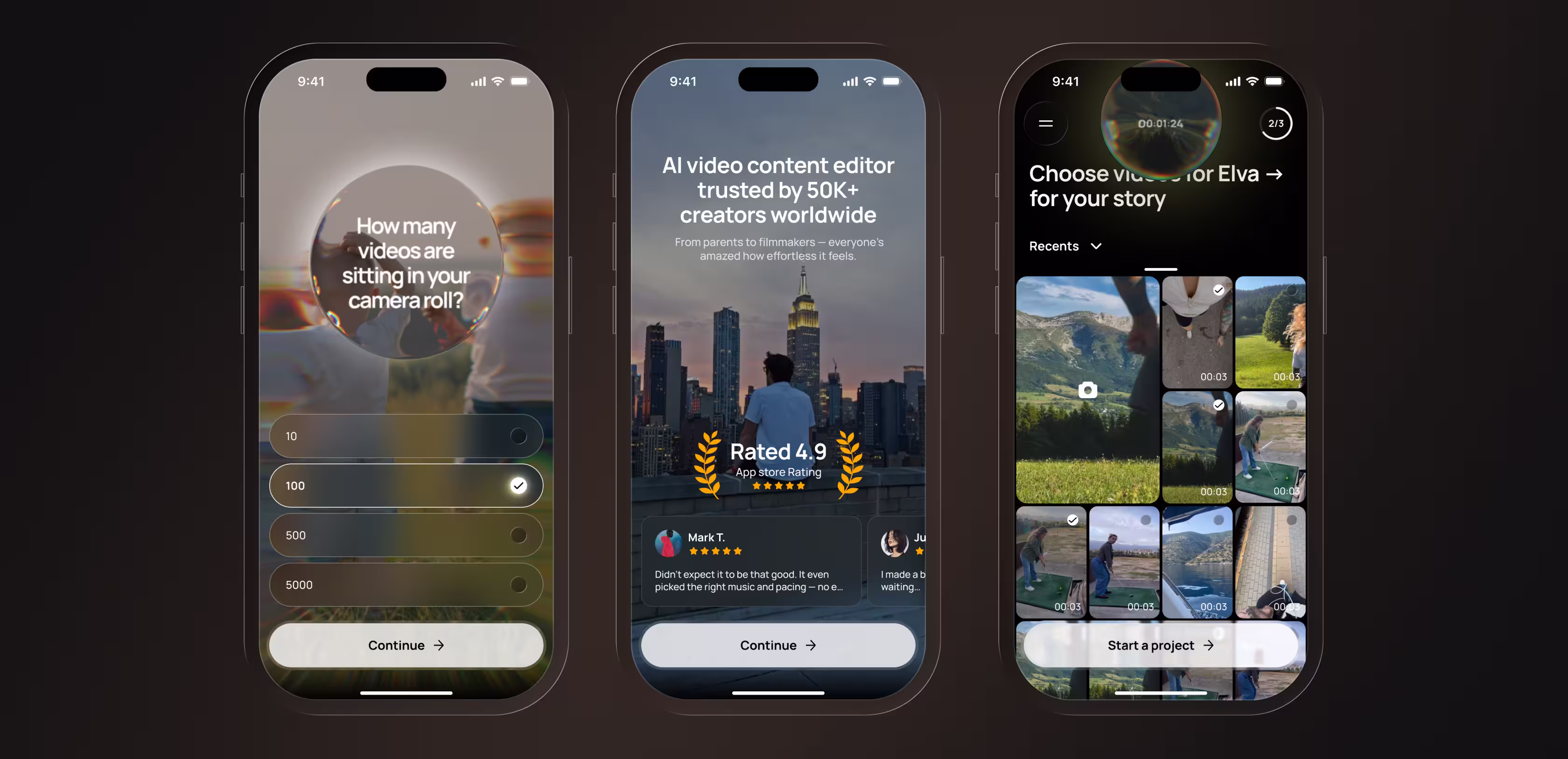 Three-screen mobile onboarding flow for Elva, an AI video editor: a camera-roll question, a social-proof screen rated 4.9 on the App Store, and a clip-selection grid for building a video story.
