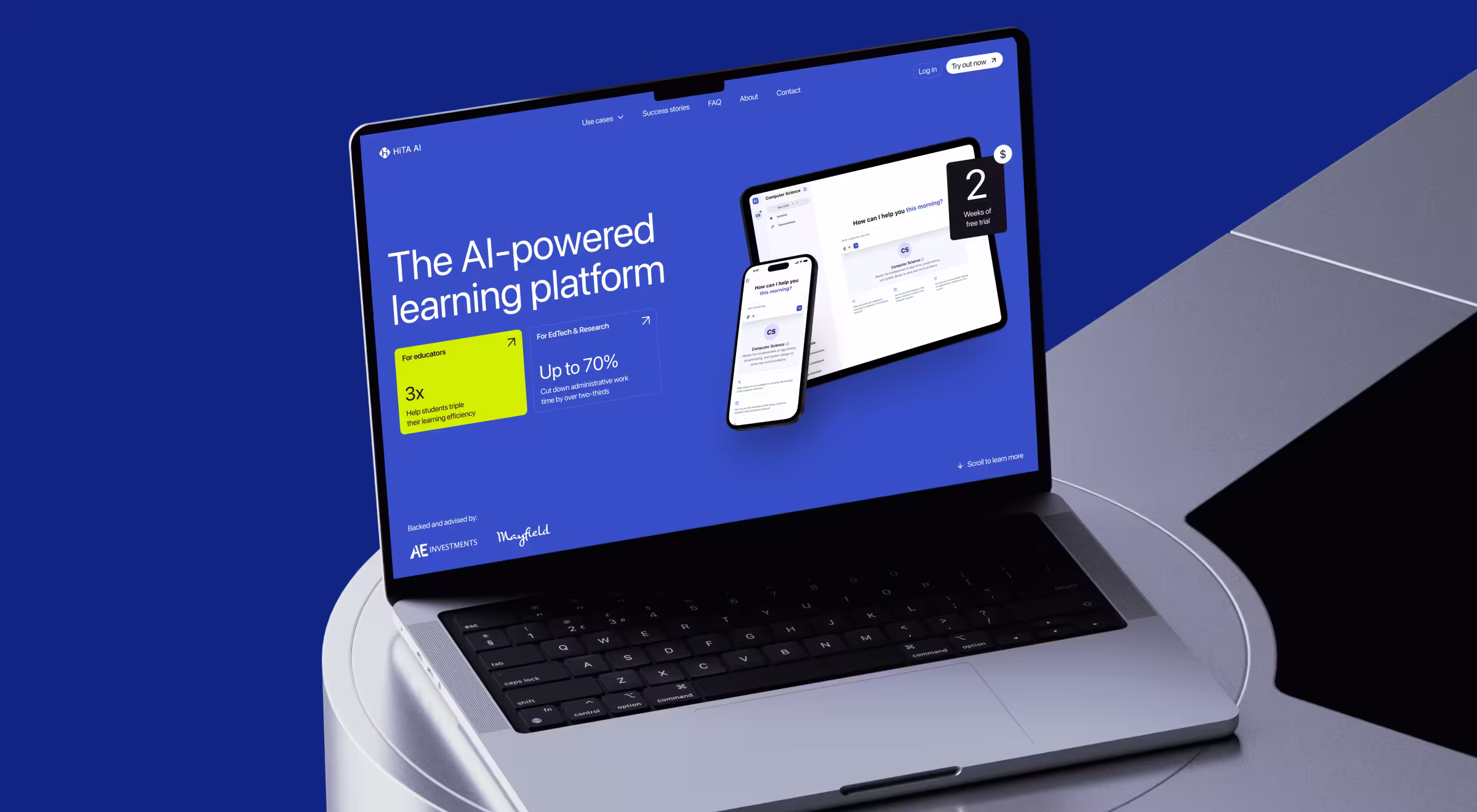 Laptop displaying an AI-powered learning platform interface with educational dashboards, mobile previews, and digital learning tools on a modern blue screen.