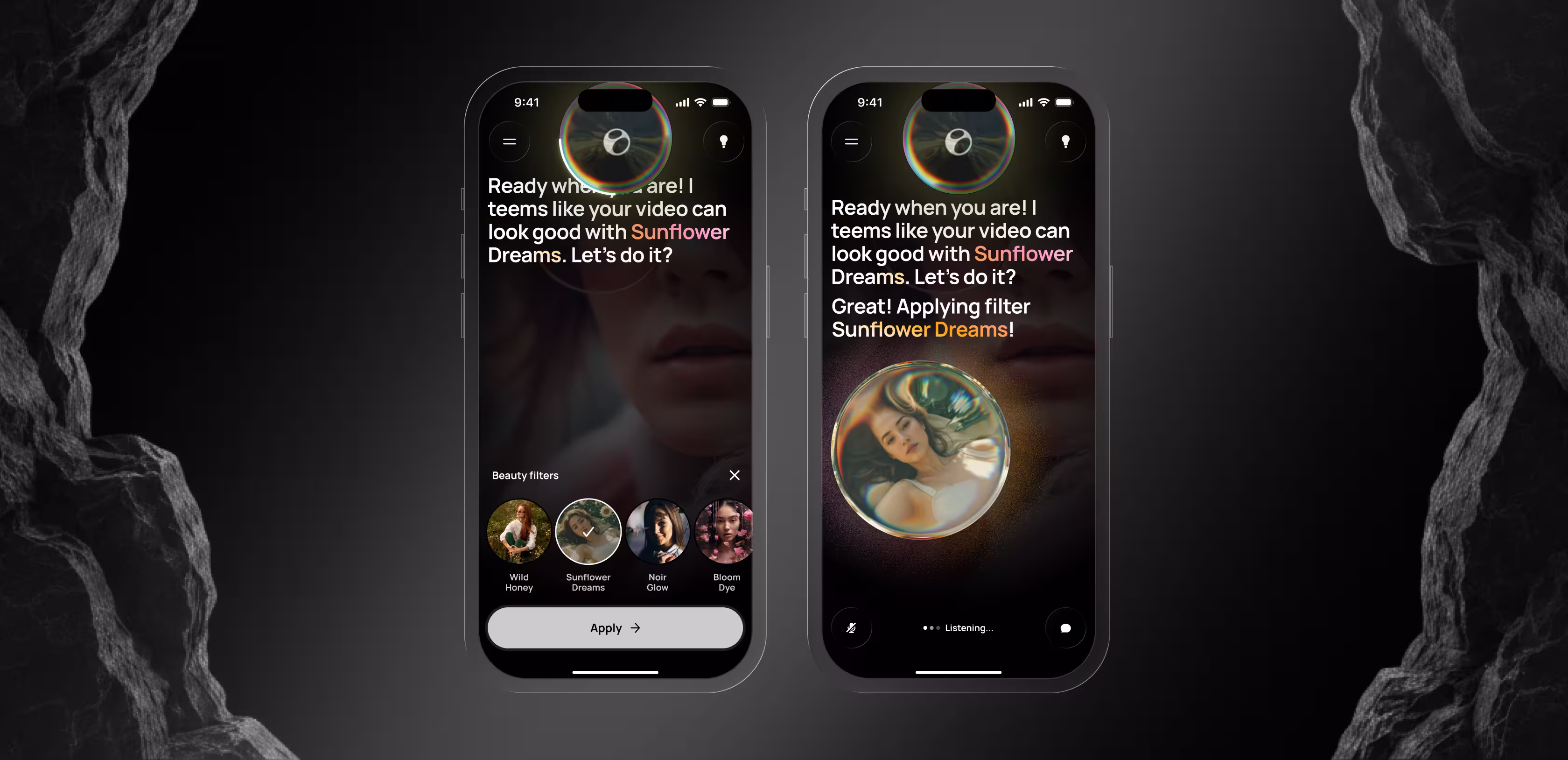 Two iPhone screens of Elva, an AI mobile video director, applying a beauty filter through conversation: on the left, the assistant suggests "Sunflower Dreams" and shows a filter carousel (Wild Honey, Sunflower Dreams, Noir Glow, Bloom Dye) with an Apply button; on the right, it confirms "Applying filter Sunflower Dreams!" with a preview bubble while listening for the next voice command.