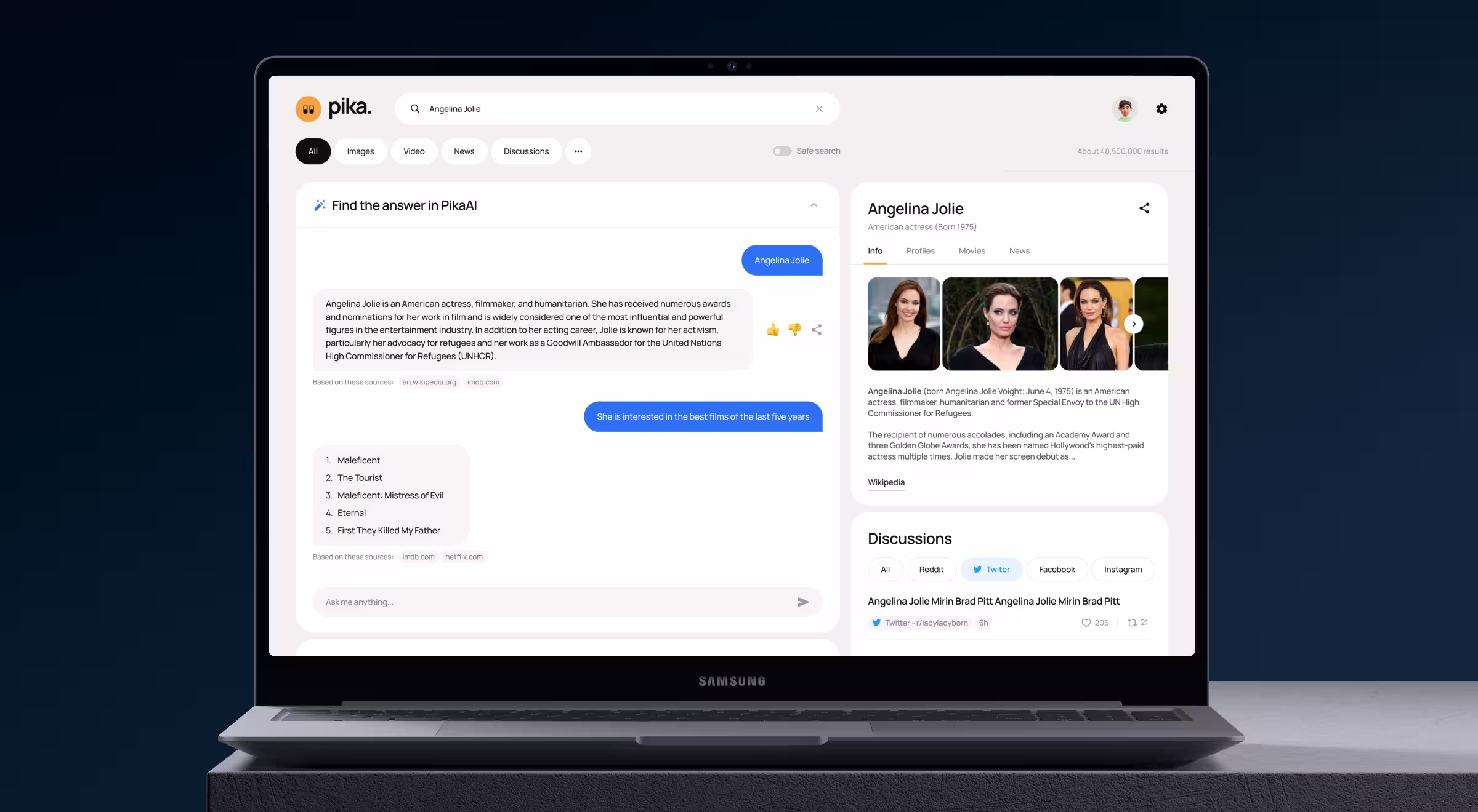 Pika AI search engine on a laptop, showing a conversational answer panel for "Angelina Jolie" with a chatbot reply, cited sources, a follow-up film recommendation list, and a right-hand knowledge panel with photos and Discussions tabs.