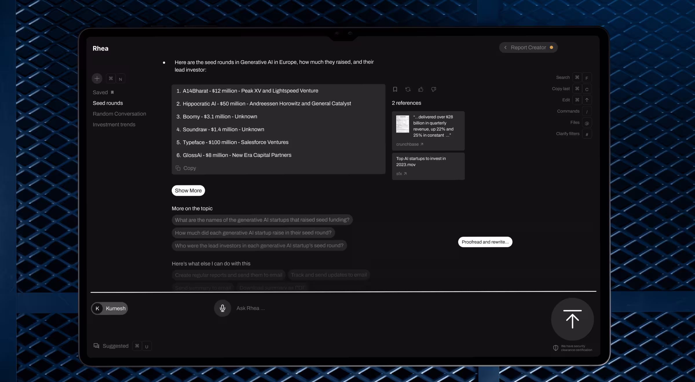 Accern Rhea research assistant on a tablet, showing a "Seed rounds" answer listing Generative AI startups with funding amounts and lead investors, source references, suggested follow-up prompts, and an "Ask Rhea" voice input bar.
