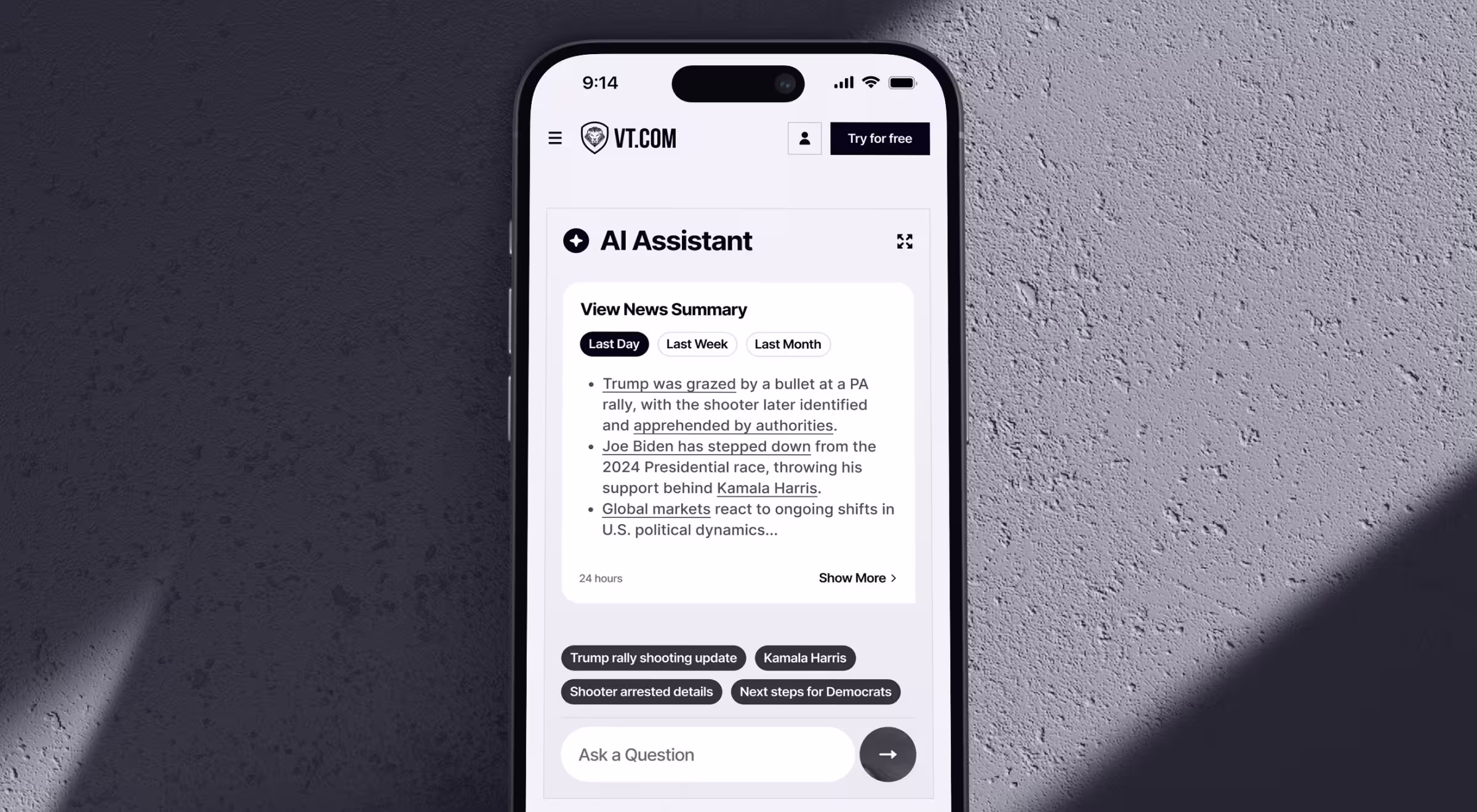 VT.com AI Assistant on a smartphone displaying a "View News Summary" card with Last Day/Week/Month filters, bulleted news highlights with inline source links, and suggested topic chips above an "Ask a Question" input field.