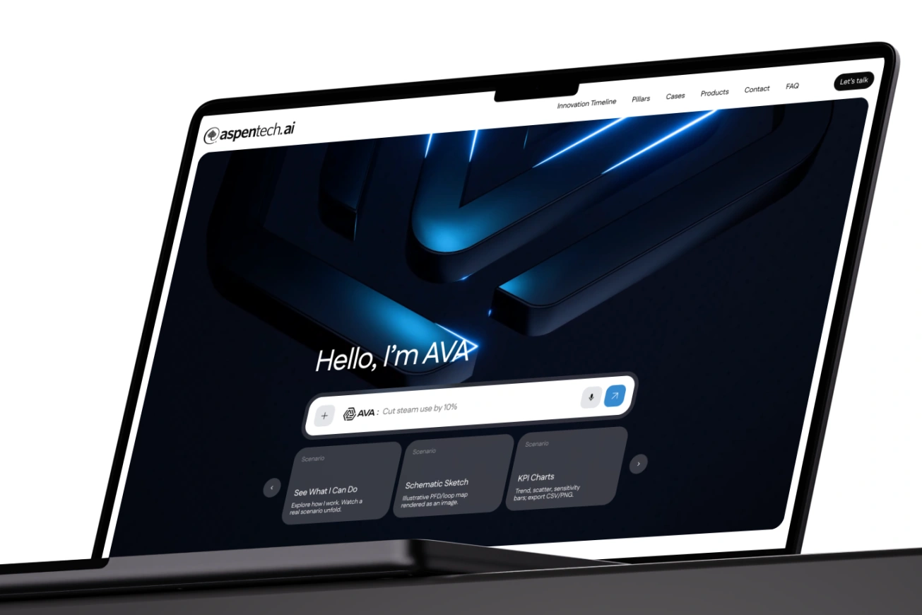 AspenTech.ai homepage on a laptop showing the AVA assistant with a prompt bar and scenario cards