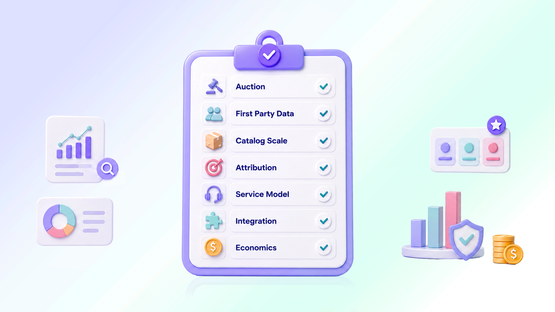 A checklist of the seven criteria for choosing a retail media platform: auction, first-party data, catalog scale, attribution, service model, integration and economics