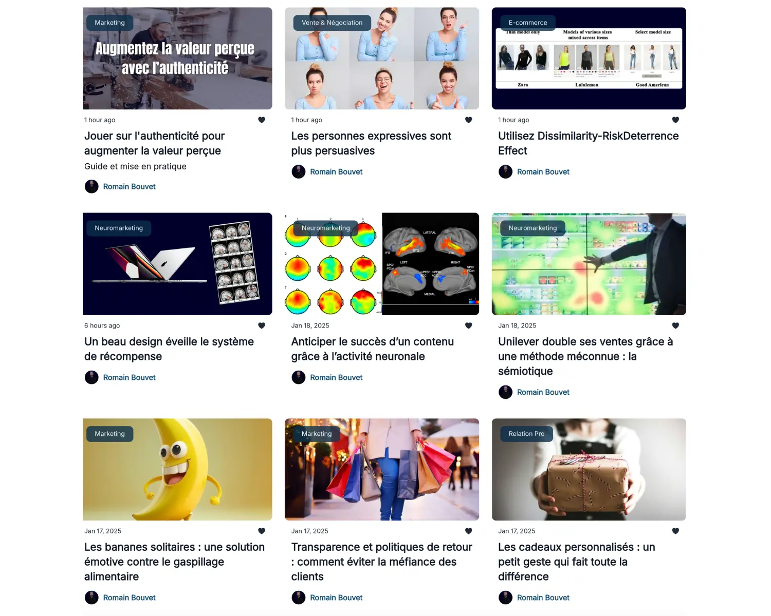 Grid of nine French blog articles with images on marketing, neuromarketing, e-commerce, and sales topics.