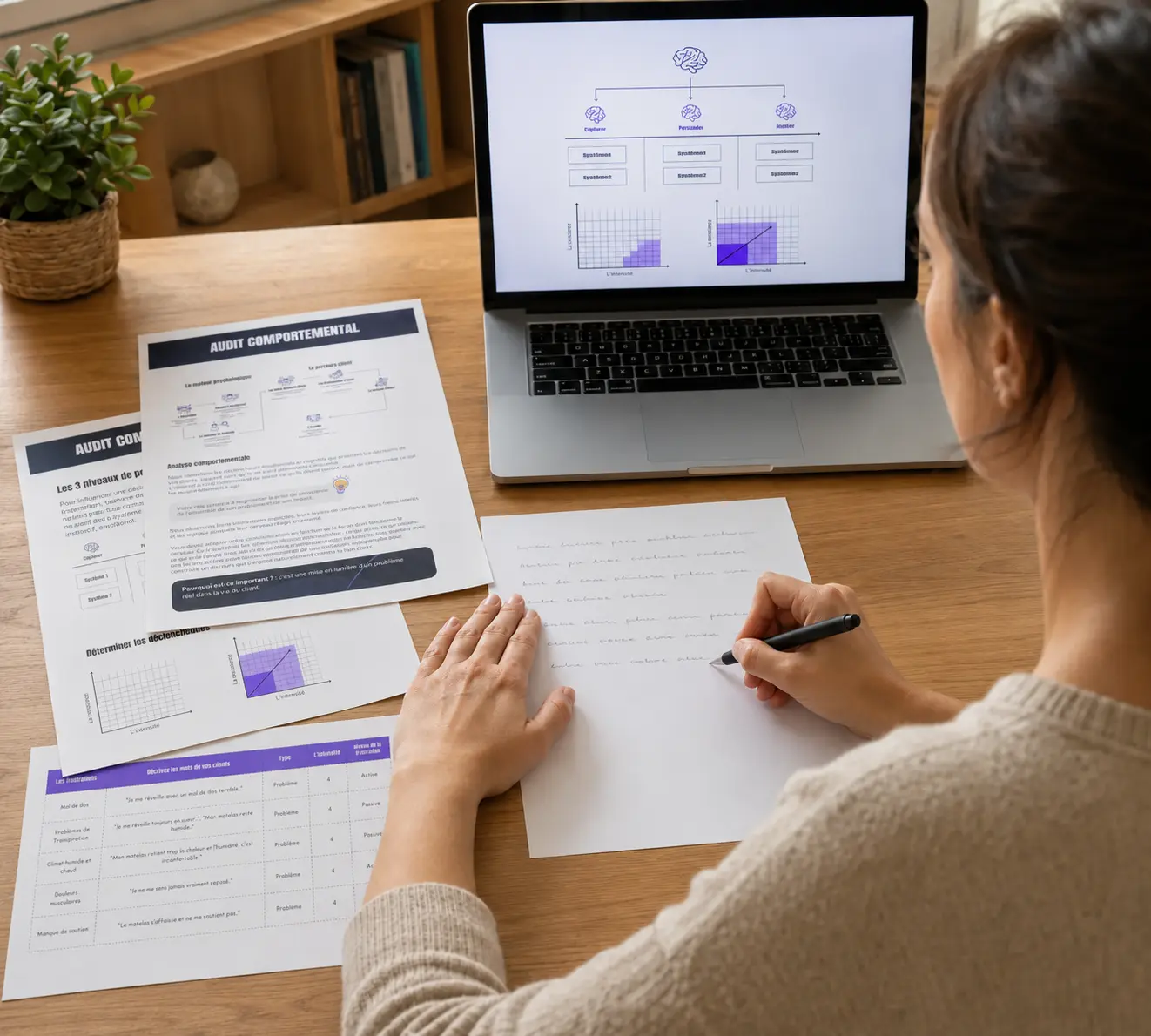 Person writing notes at a desk with behavioral audit papers and a laptop showing brain diagrams and graphs.