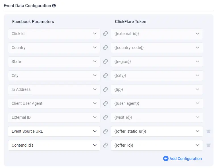 event data configuration facebook conversion api on clickflare