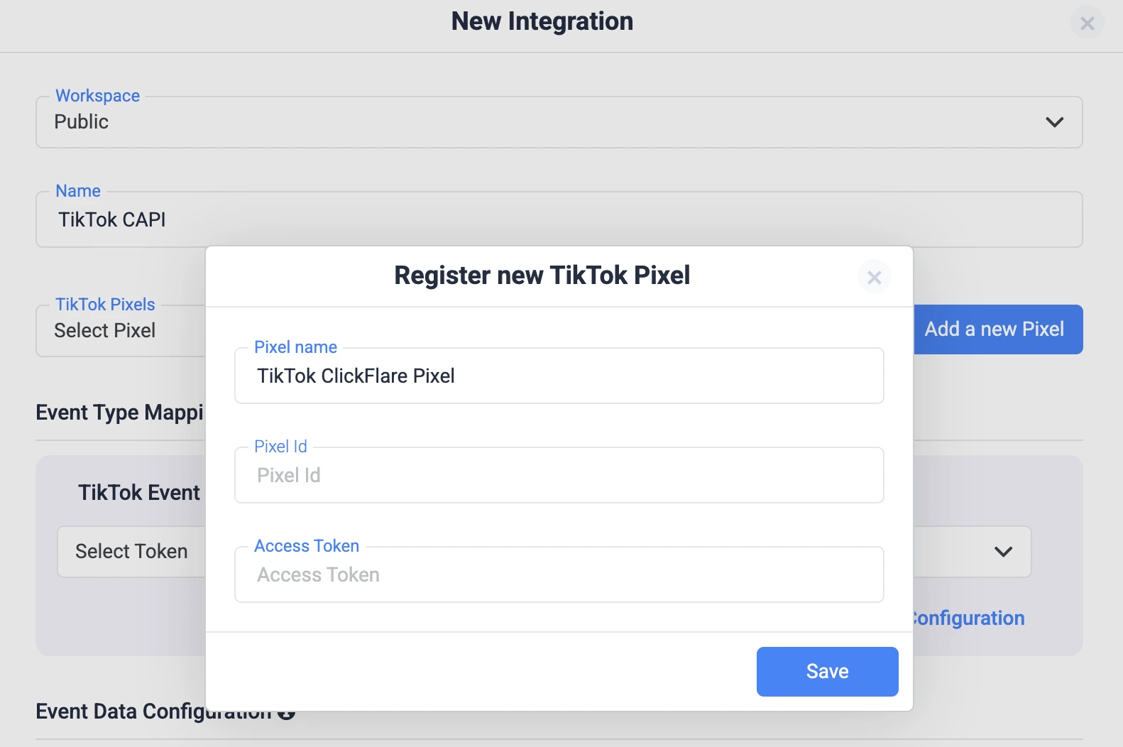 how to register tiktok pixel on clickflare for events api integration