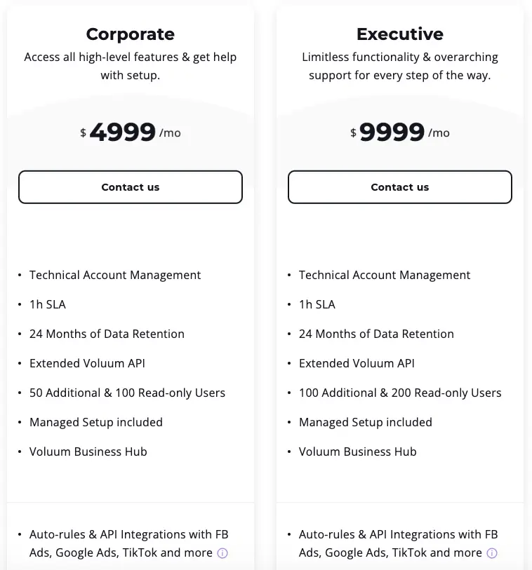 voluum pricing plans corporate vs executive