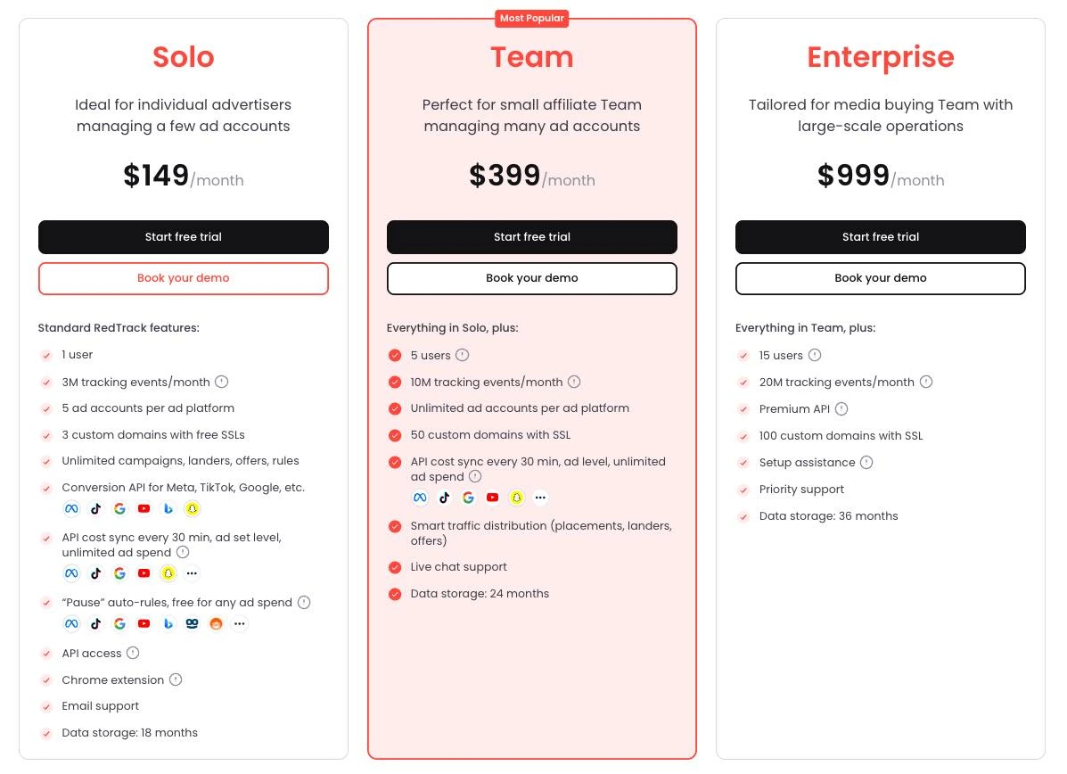voluum alternative redtrack offers three pricing plans