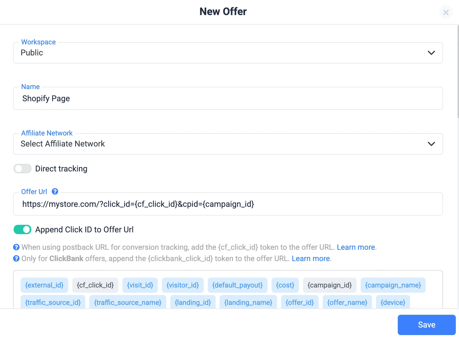 shopify offer link clickflare