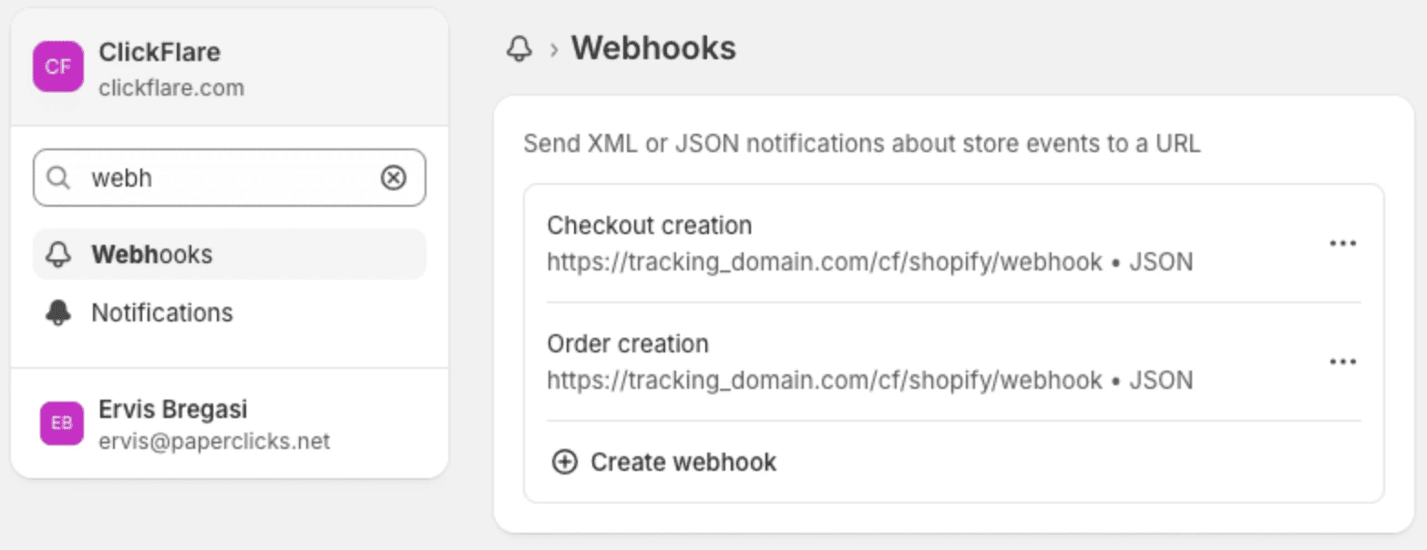 webhook list for shopify conversion tracking
