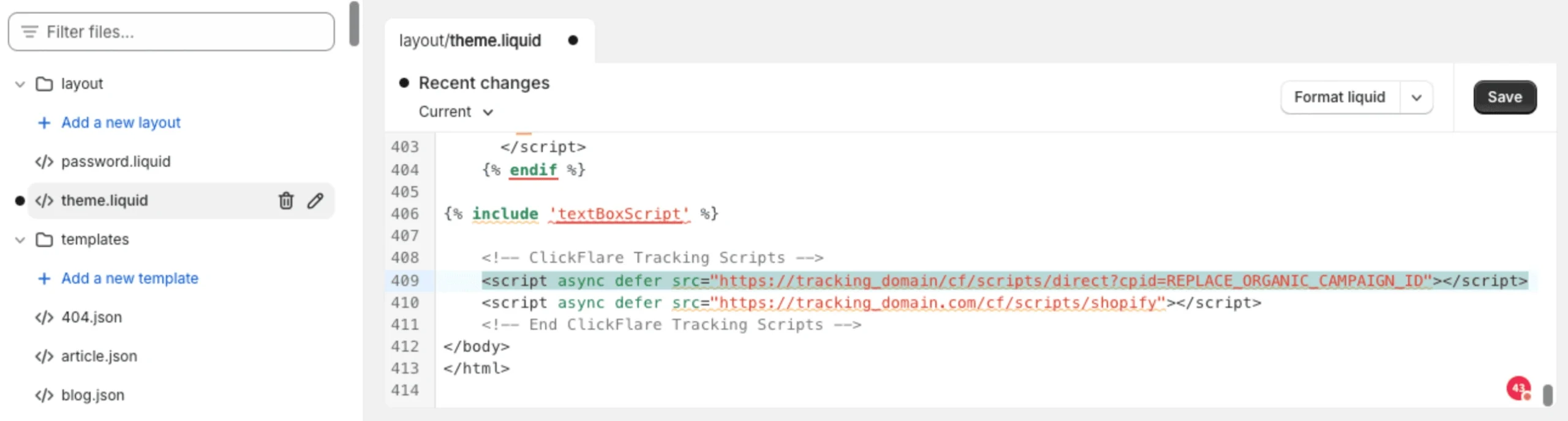 direct campaign script for shopify conversion tracking on clickflare