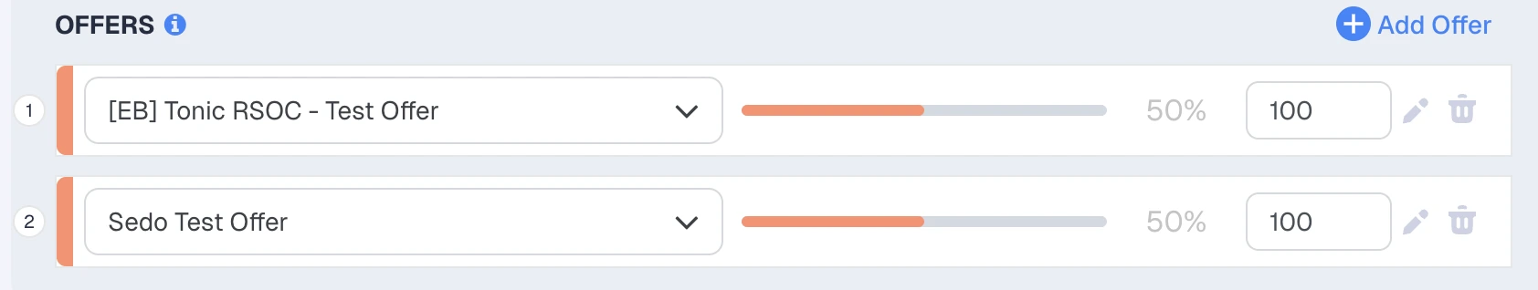 example of split testing two native to search arbitrage offers from Tonic and Sedo with ClickFlare