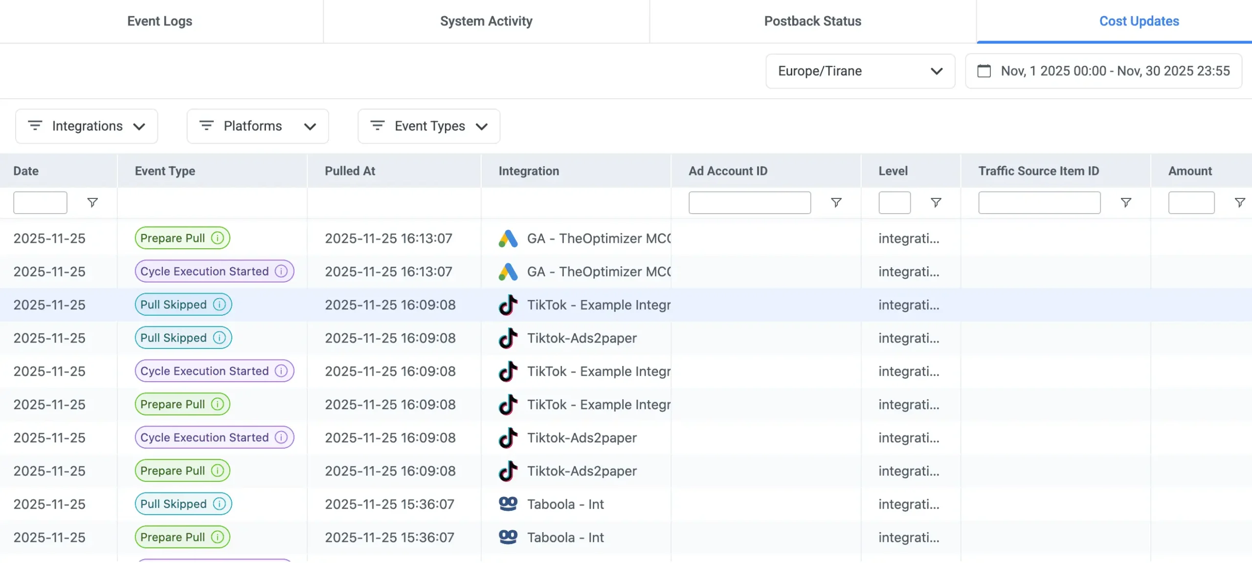 clickflare cost logs example