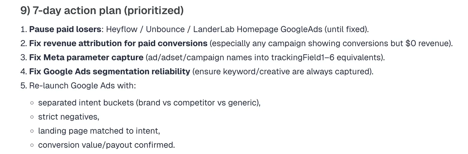 example of a 7 day action plan generated by AI ad tracking software ClickFlare based on campaign data tracked on the platform