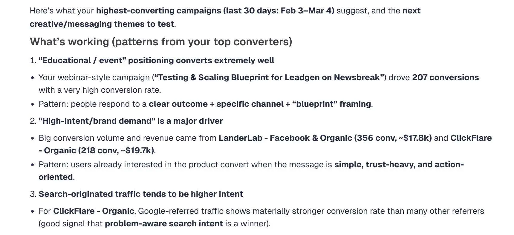 example of how ai ad tracking software clickflare analyzes data to show patterns among top performing creatives