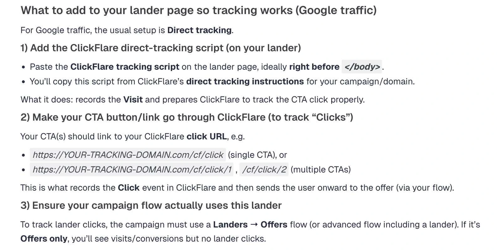 example of instructions on which tracking scripts and links to add to your landing page generated by AI ad tracking software ClickFlare