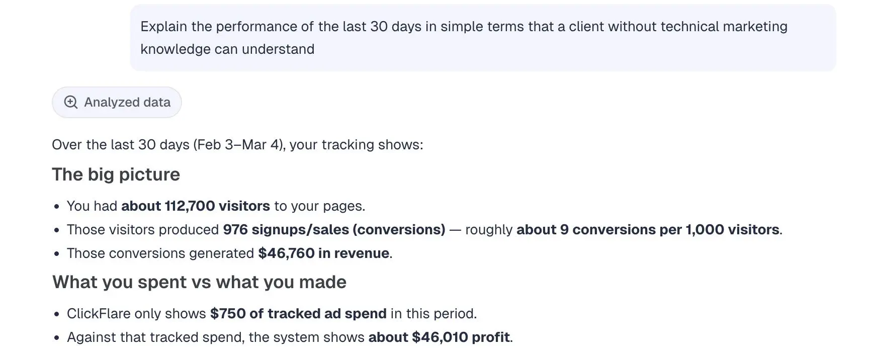 example of how AI ad tracking software ClickFlare generates simple client-friendly overviews