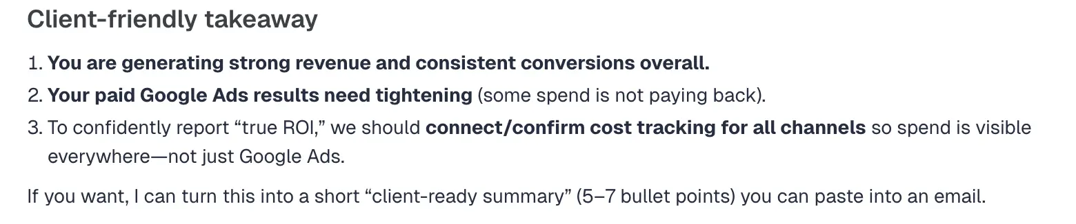 Example of client-friendly takeaways generated by AI ad tracking software ClickFlare based on campaign data