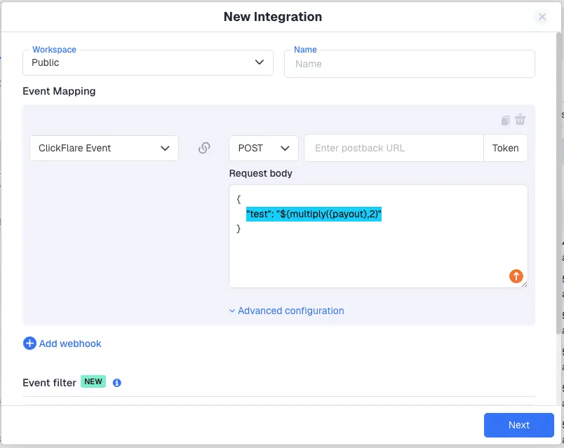 Real example of how to use a formula to send specific payouts to an external tool using ClickFlare's custom webhook integrations