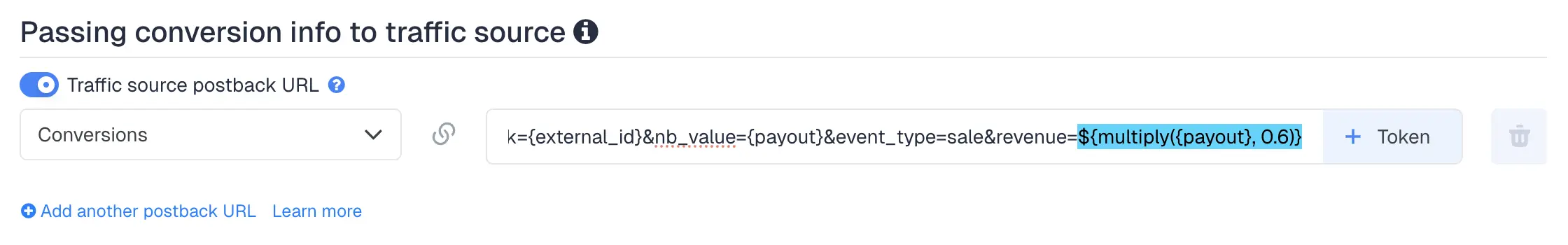 Real example of a formula for smart payout control to send a specific conversion value through postbacks to platforms like NewsBreak, Taboola or Outbrain