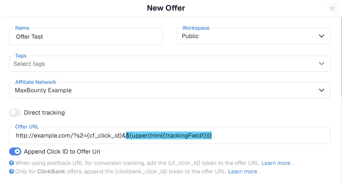 Real example of a formula you can use to adjust the values or macros you send through your offer or lander URL on ClickFlare