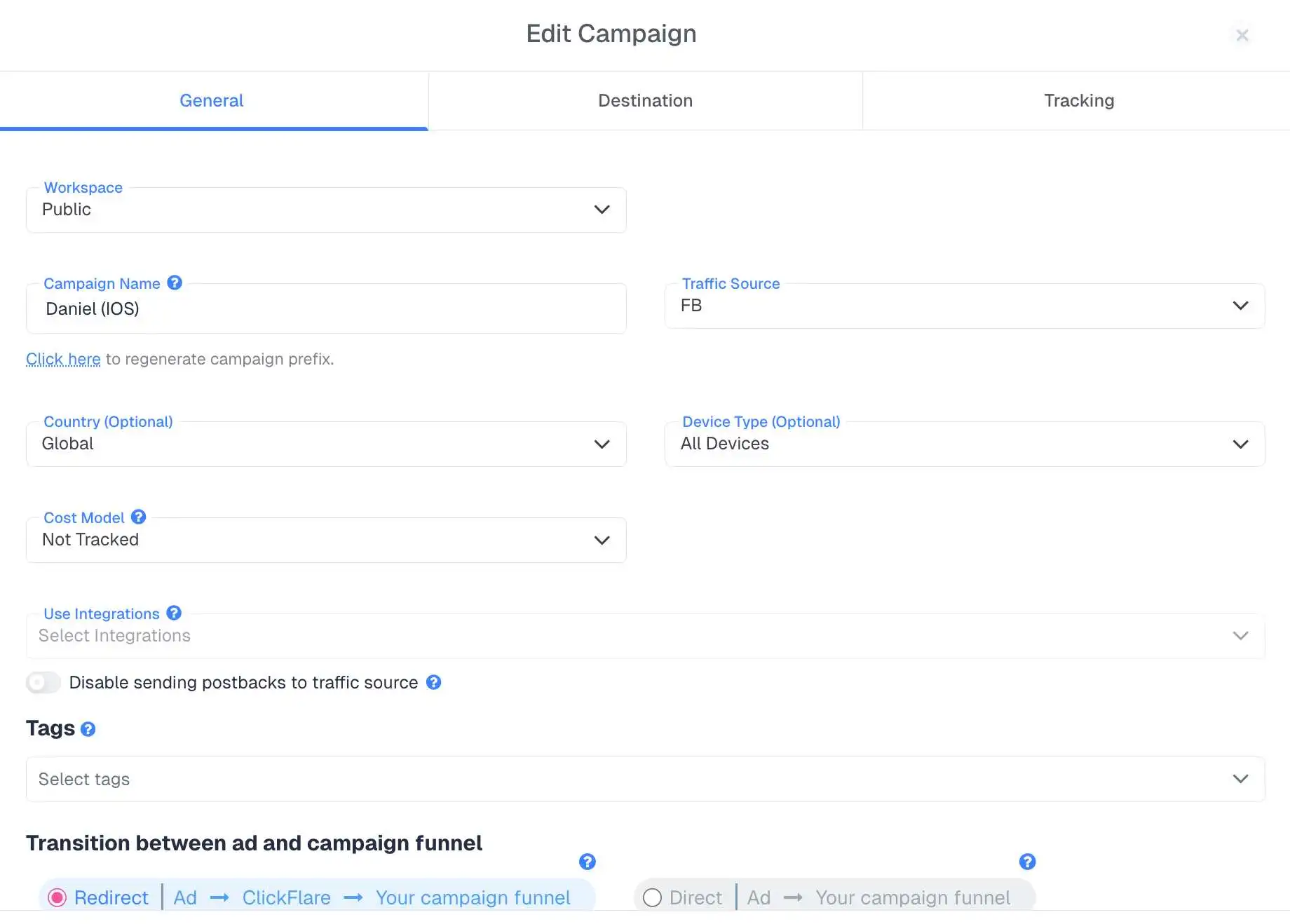 Creating a Marketcall tracking campaign on ClickFlare