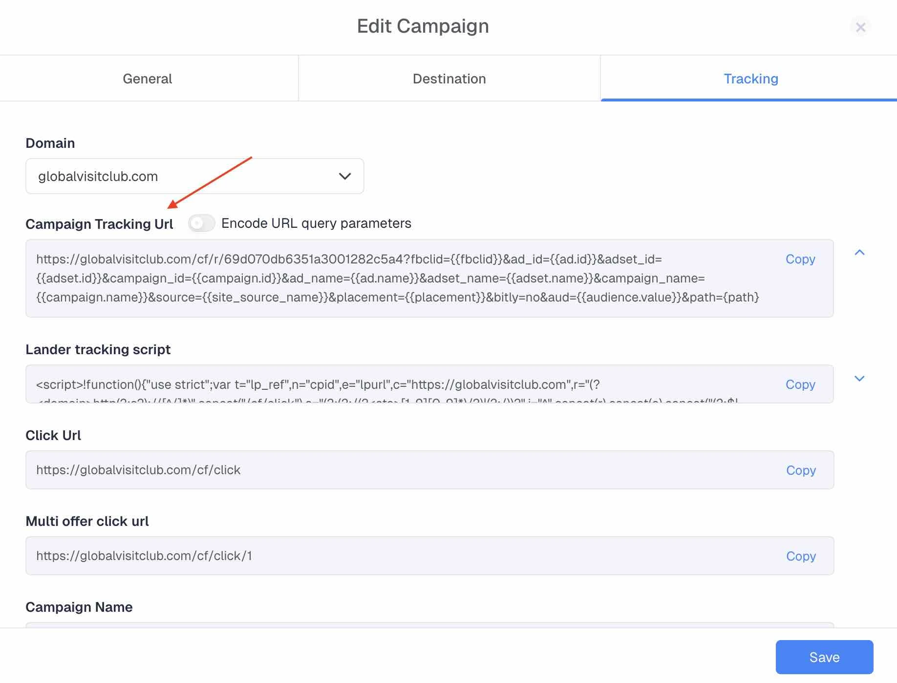 Where to find your ClickFlare campaign tracking URL for your Marketcall tracking setup